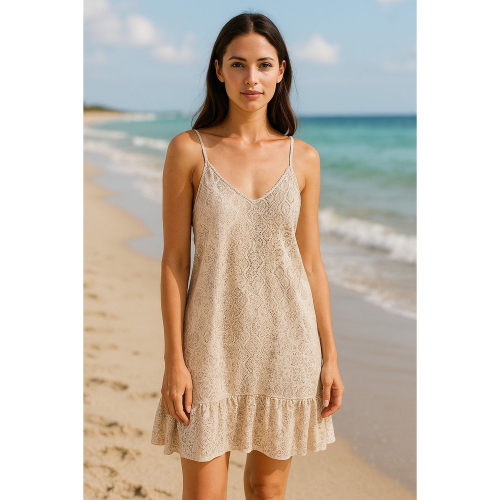 Rachel‎ Zoe Dress Beige Floral Lace Eyelet V Neck Sleeveless Cotton Midi Size M